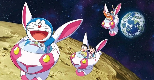 Hình ảnh chú mèo máy Doremon và các bạn dạo chơi trên mặt trăng