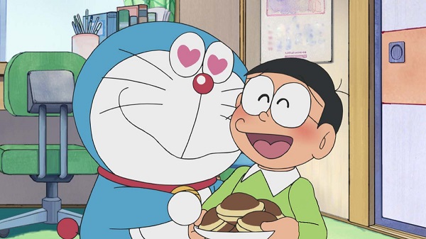 Hình Nobita tặng bánh rán cho mèo ú Doremon